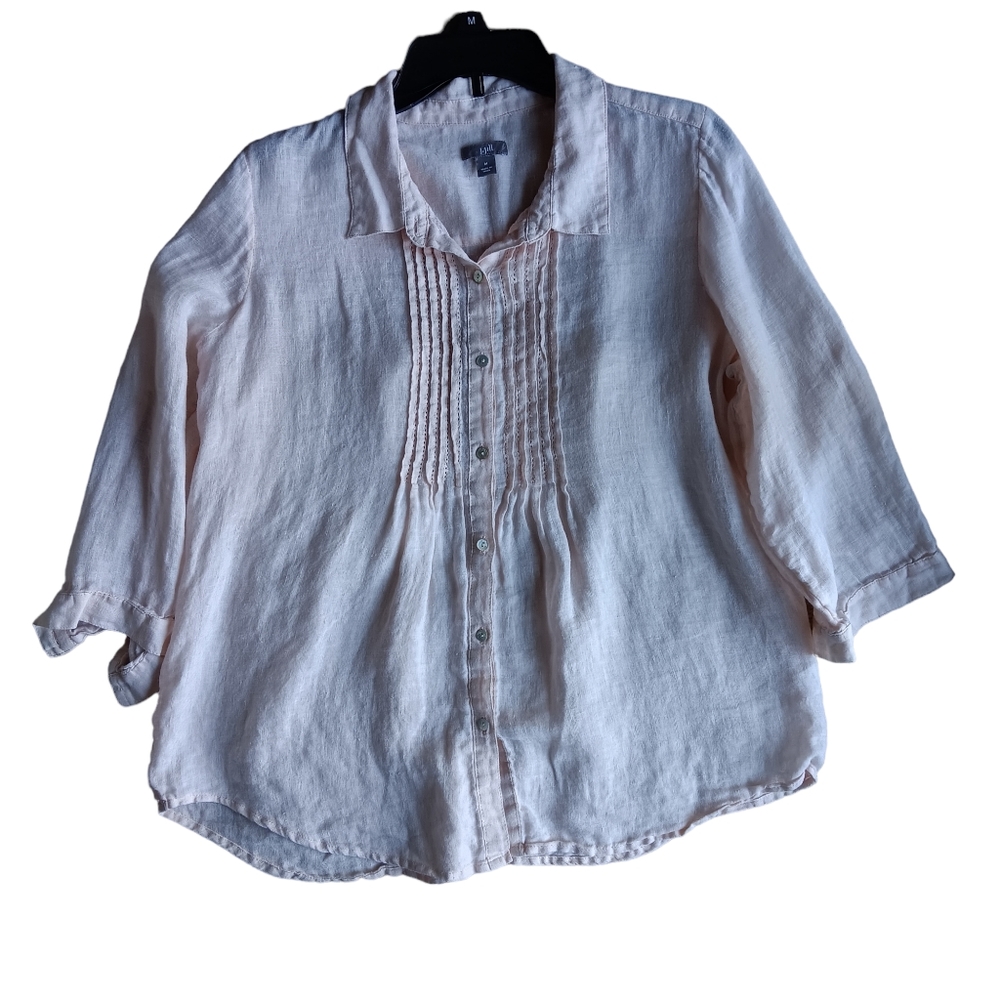 J.Jill soft pink 100% linen button up pin tuck front sz M.
